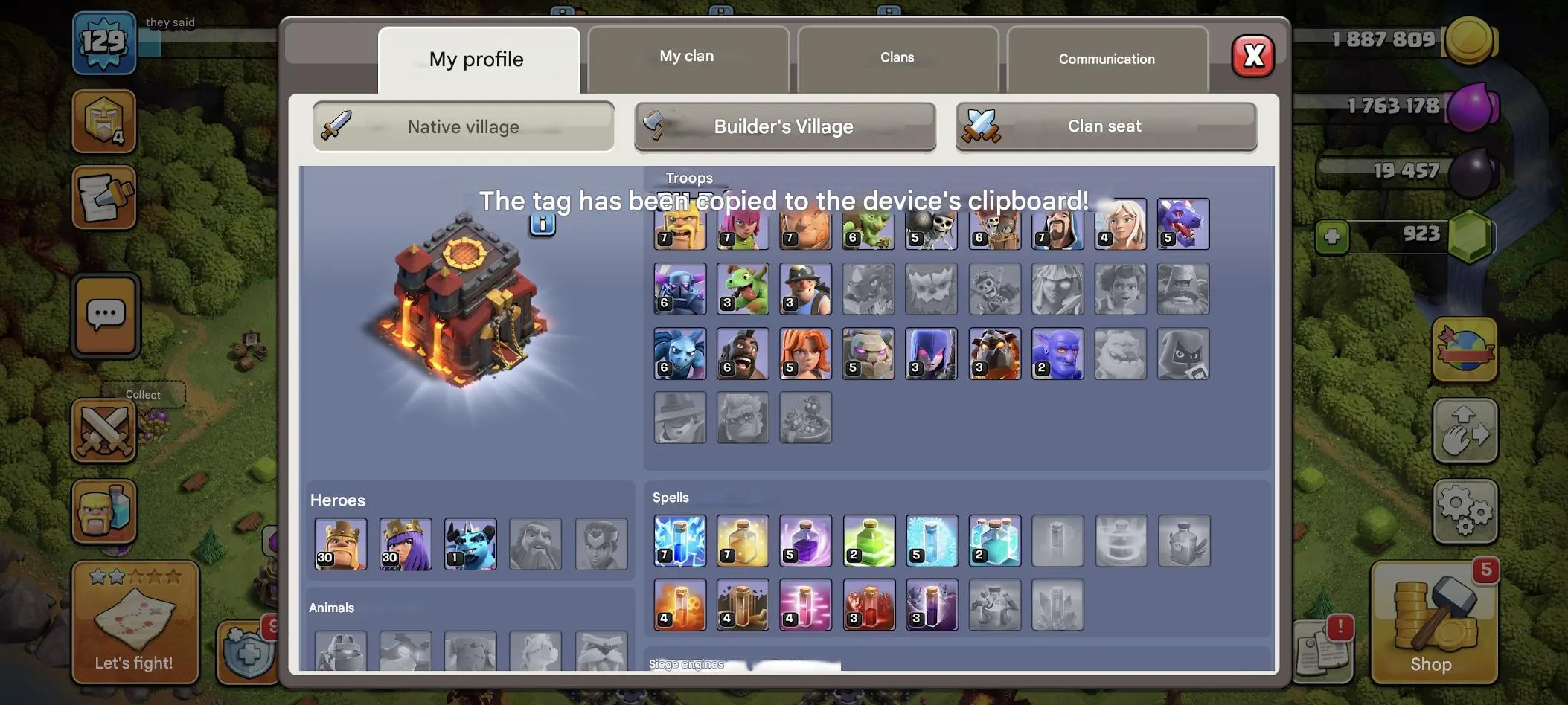 COC575 TH10 129 LVL Heroes 30/30/1 5 Builders Clan Chief 4 920 Gems Gold 1 League 